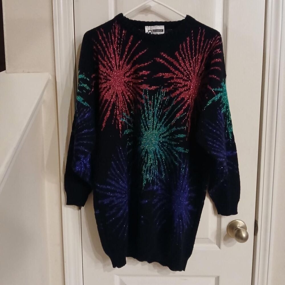 Vintage 80s black with pink purple & teal metallic firework print sweater 20w - Picture 2 of 5